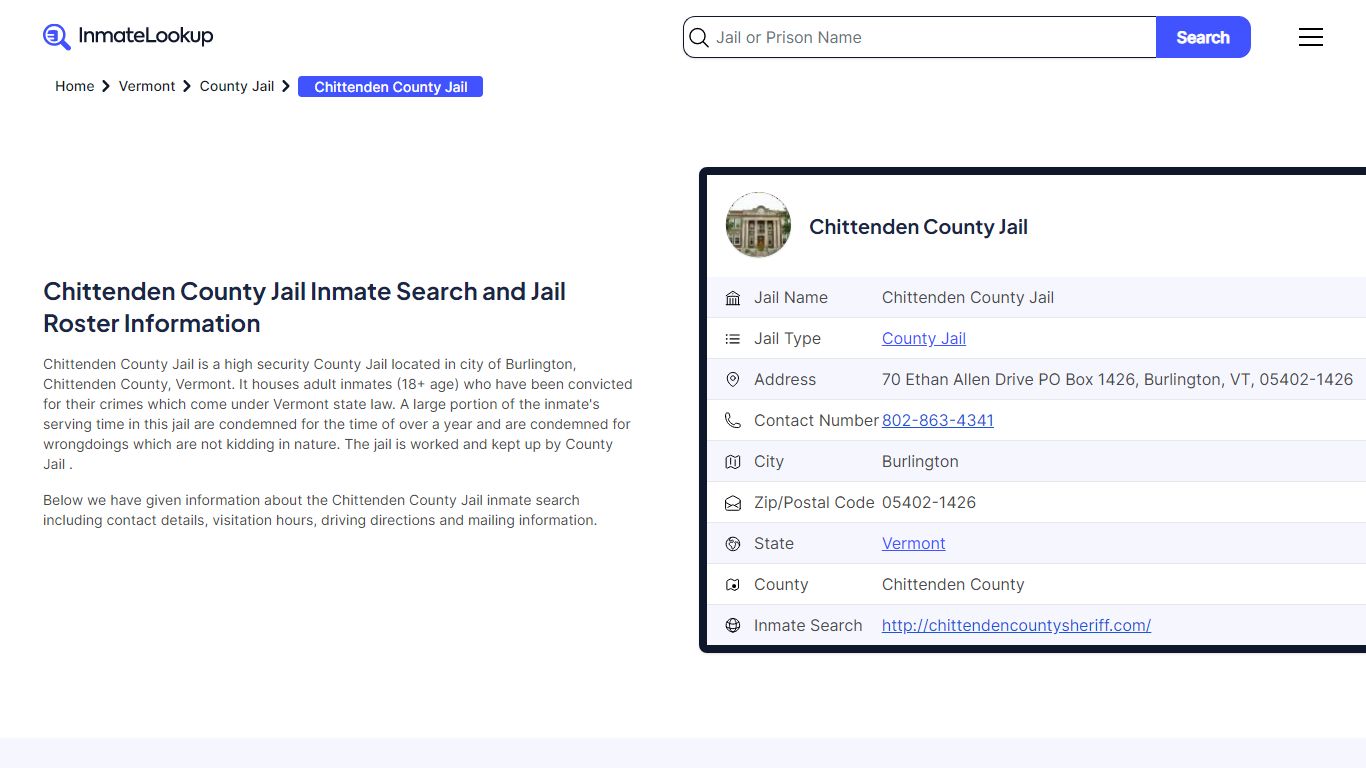 Chittenden County Jail Inmate Search and Jail Roster Information