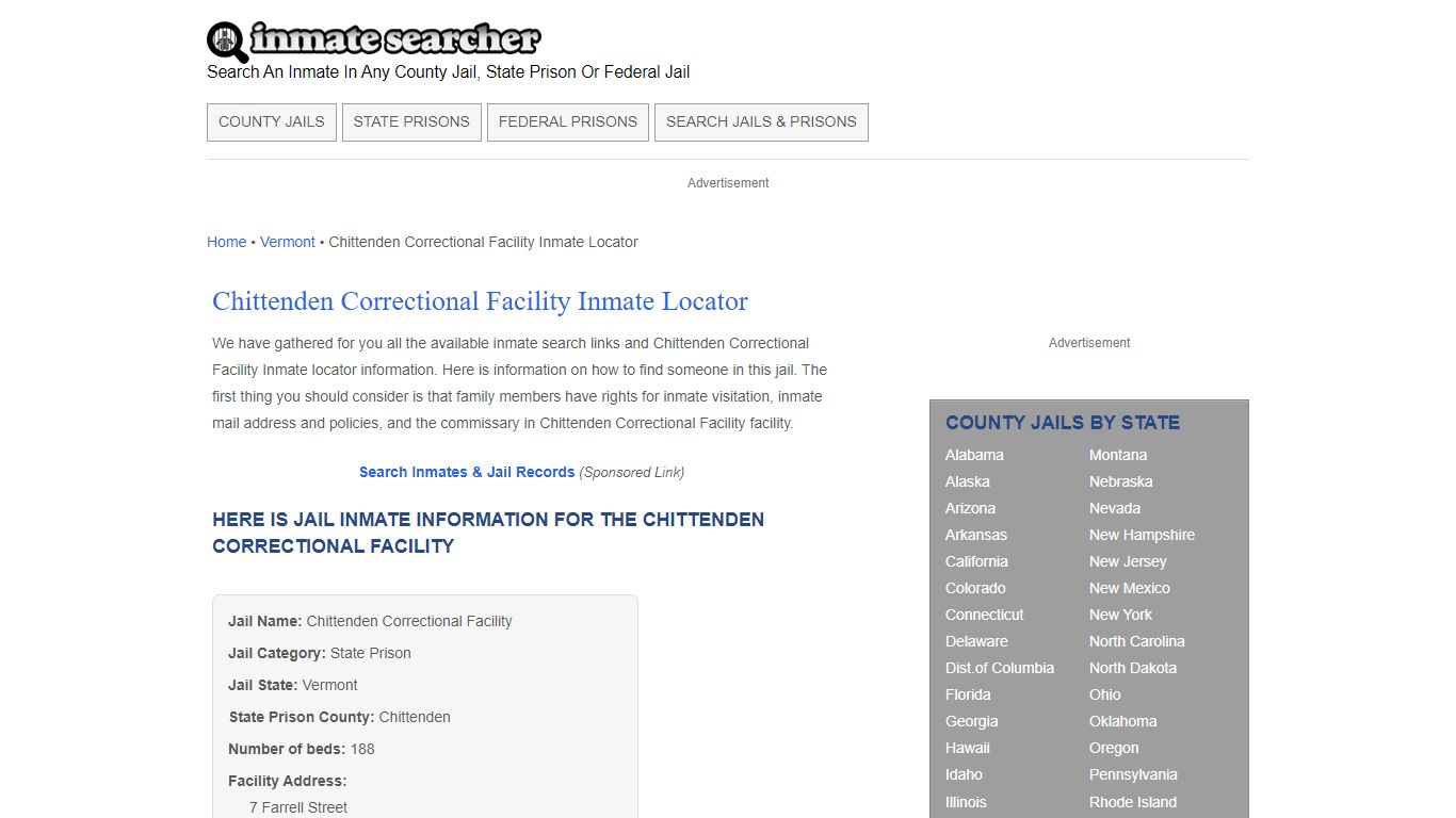 Chittenden Correctional Facility Inmate Locator